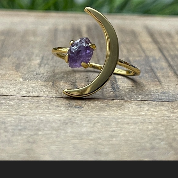 Amethyst Crescent Moon Ring.  Adjustable band is gold plated over brass - Picture 5 of 5